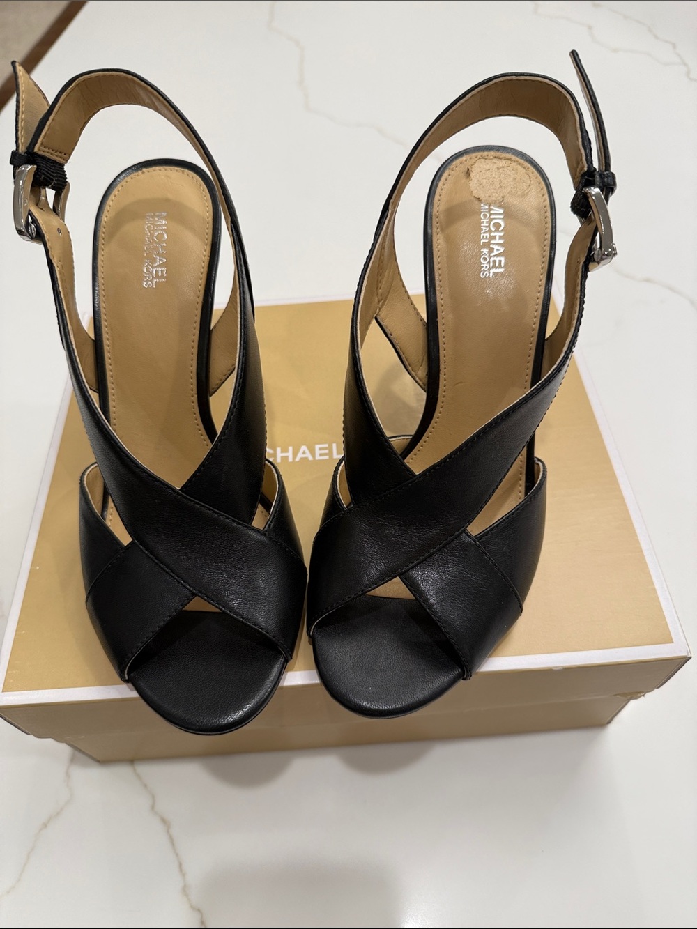 MICHAEL Michael Kors Black Leather Crisscross Slingback Heels